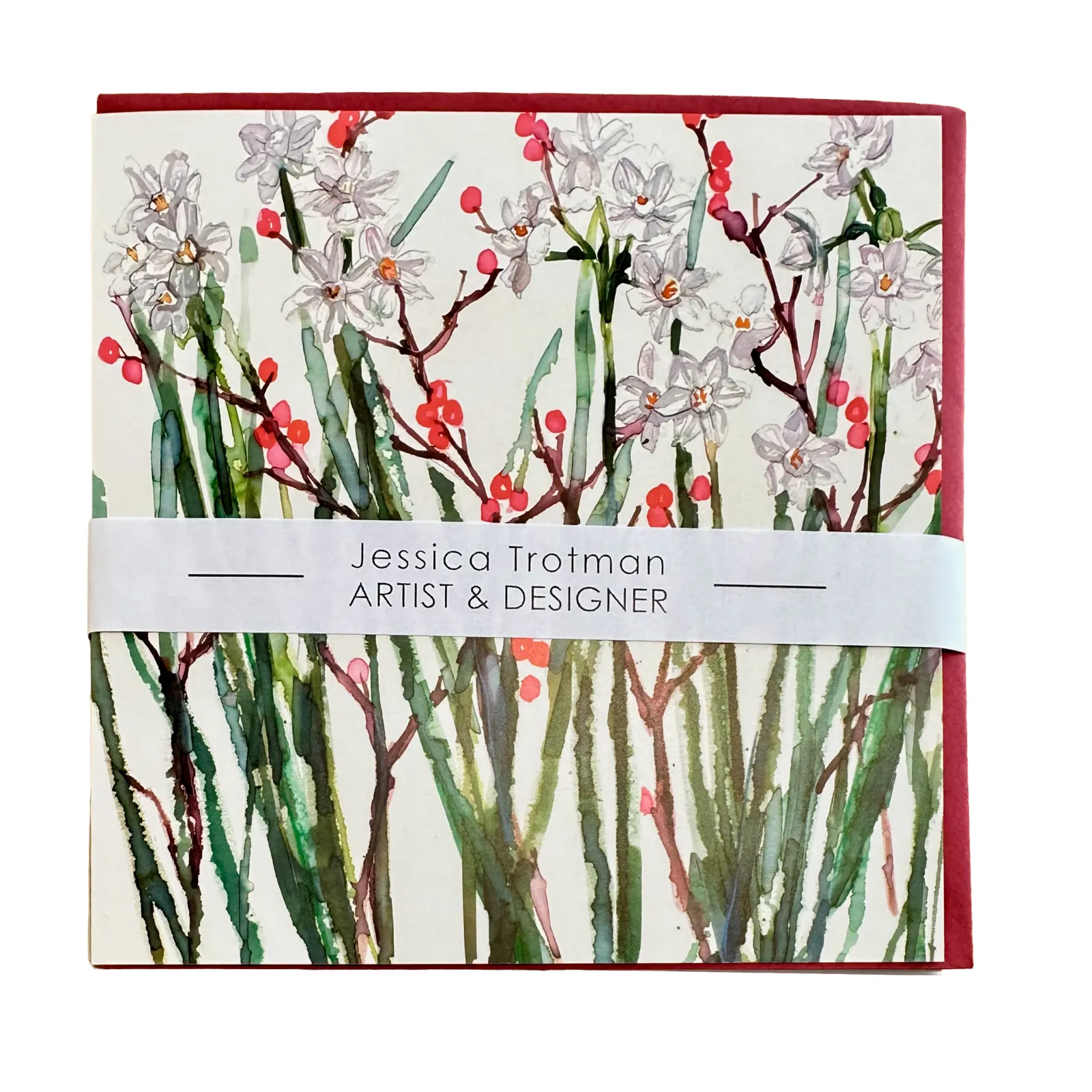 Jessica Trotman Christmas card pack — watercolour paperwhite narcissi and red berries, banded with the artist's label