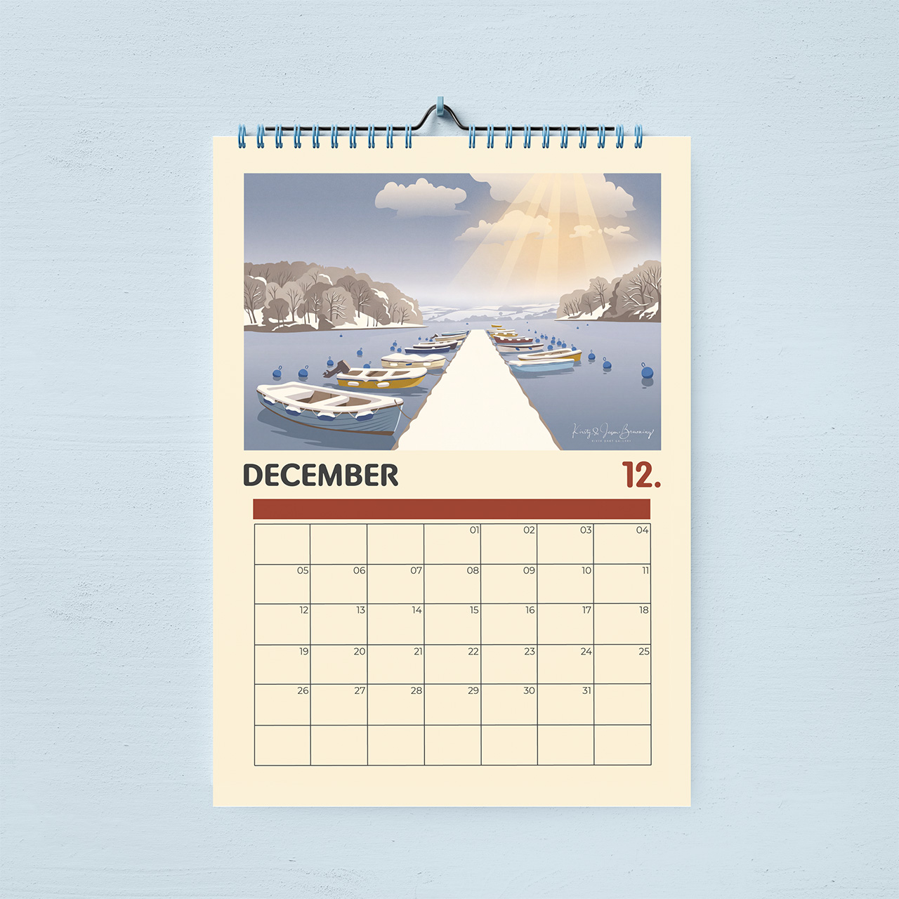 Stoke Gabriel Calendar 2027 December page — illustrated winter pontoon with rowing boats and sunbeams through cloud