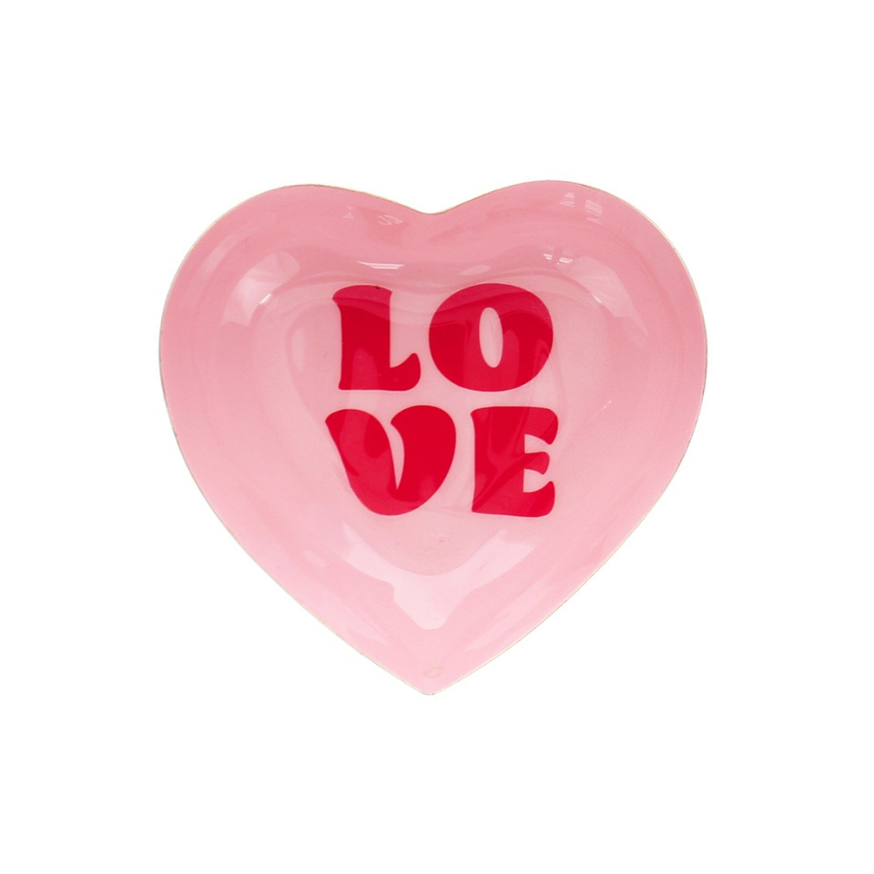 Pink heart-shaped enamel trinket dish with LOVE lettering, 10.5cm