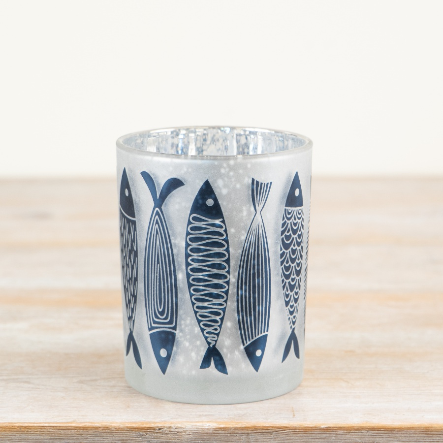 Fish pattern candle holder — frosted glass tealight holder with navy blue fish design, 12.5cm