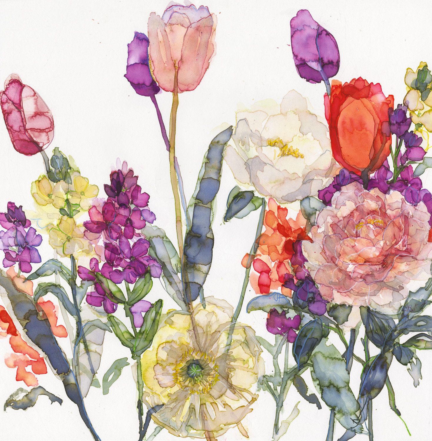 Jessica Trotman watercolour greeting card of tulips, wallflowers and an Icelandic poppy