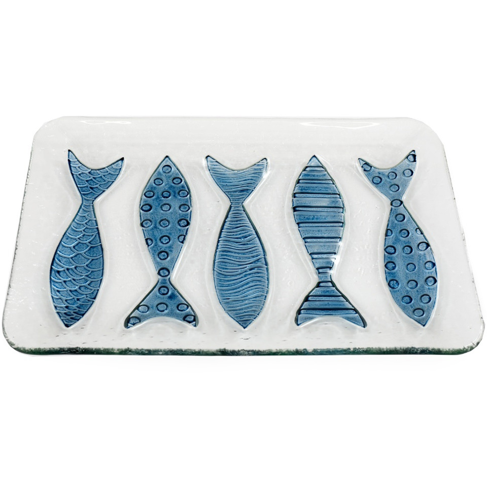 Fused glass plate with five blue patterned fish, 31cm