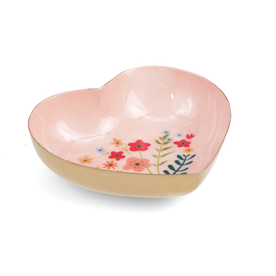 Pink heart-shaped flower trinket dish with gold rim, side view