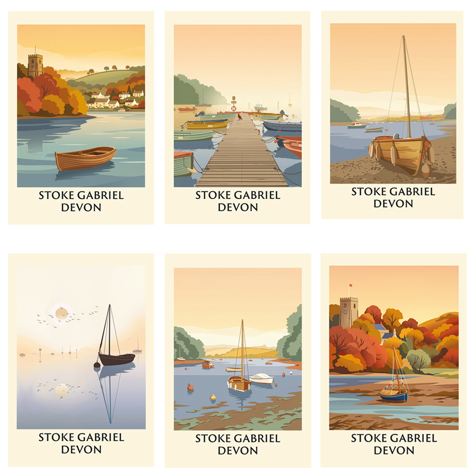 All six Stoke Gabriel greeting card designs laid out together — village view, pontoon, river boat, river dreaming, river view and tide illustrations