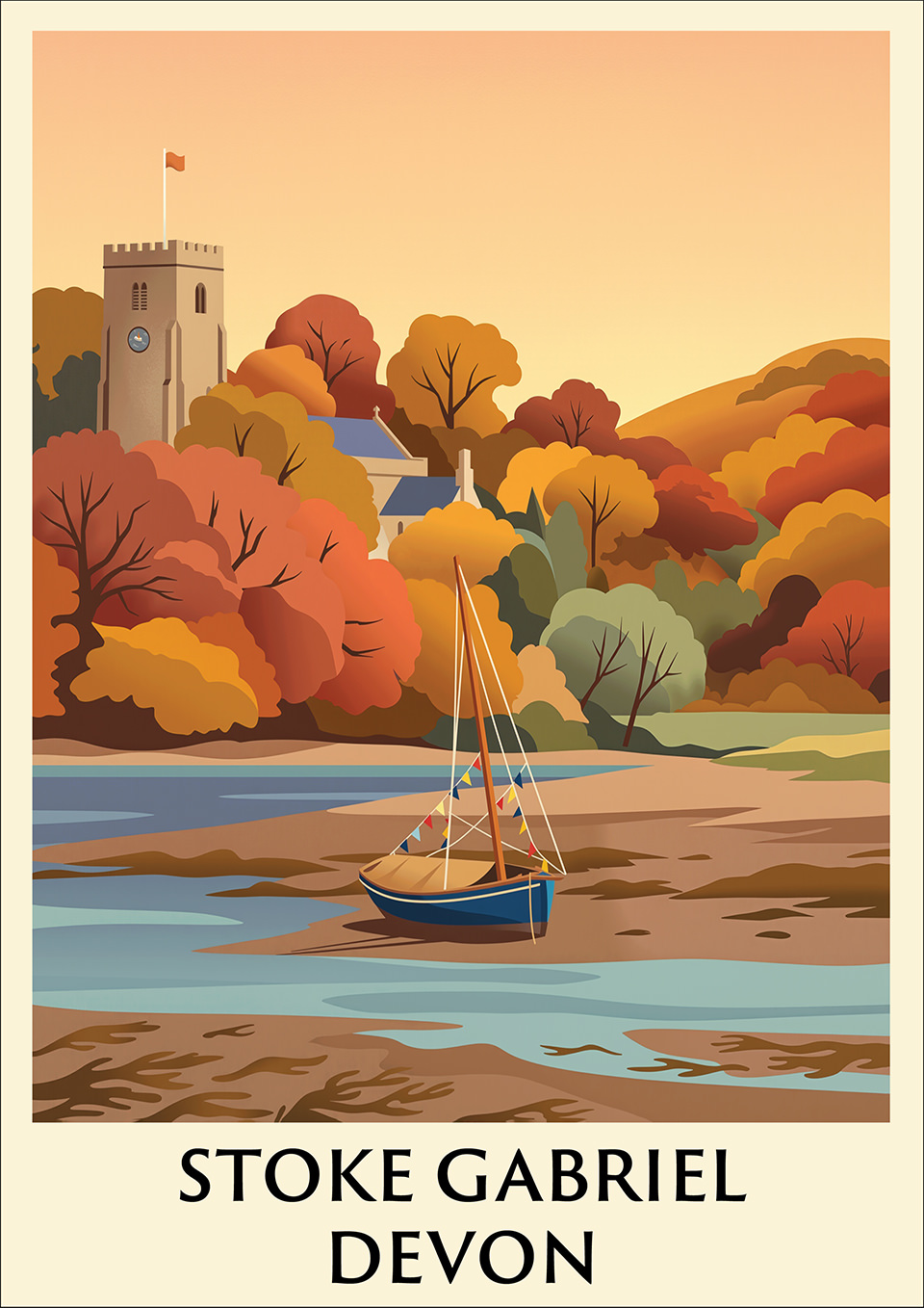 Stoke Gabriel Tide Poster — illustrated flagged sailboat on the mudflats with the church behind