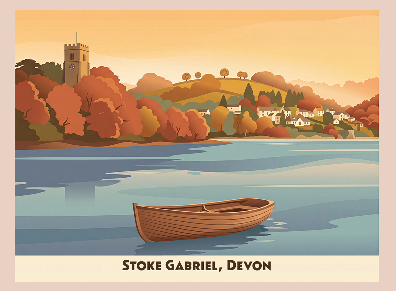Stoke Gabriel wooden fridge magnet — illustrated autumn river scene of the village, church tower, and a moored rowing boat