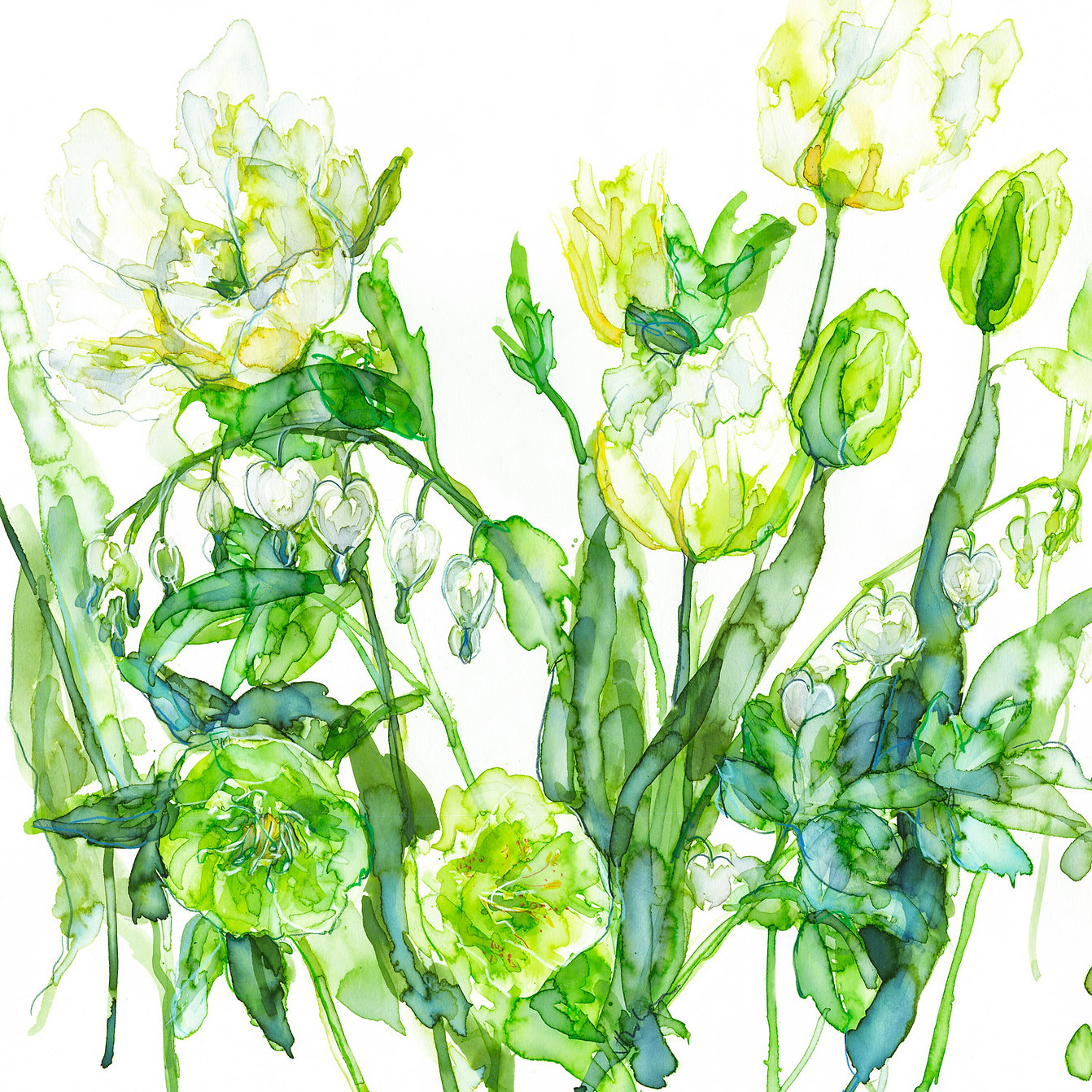 Jessica Trotman watercolour greeting card of white and green tulips, hellebores and bleeding hearts