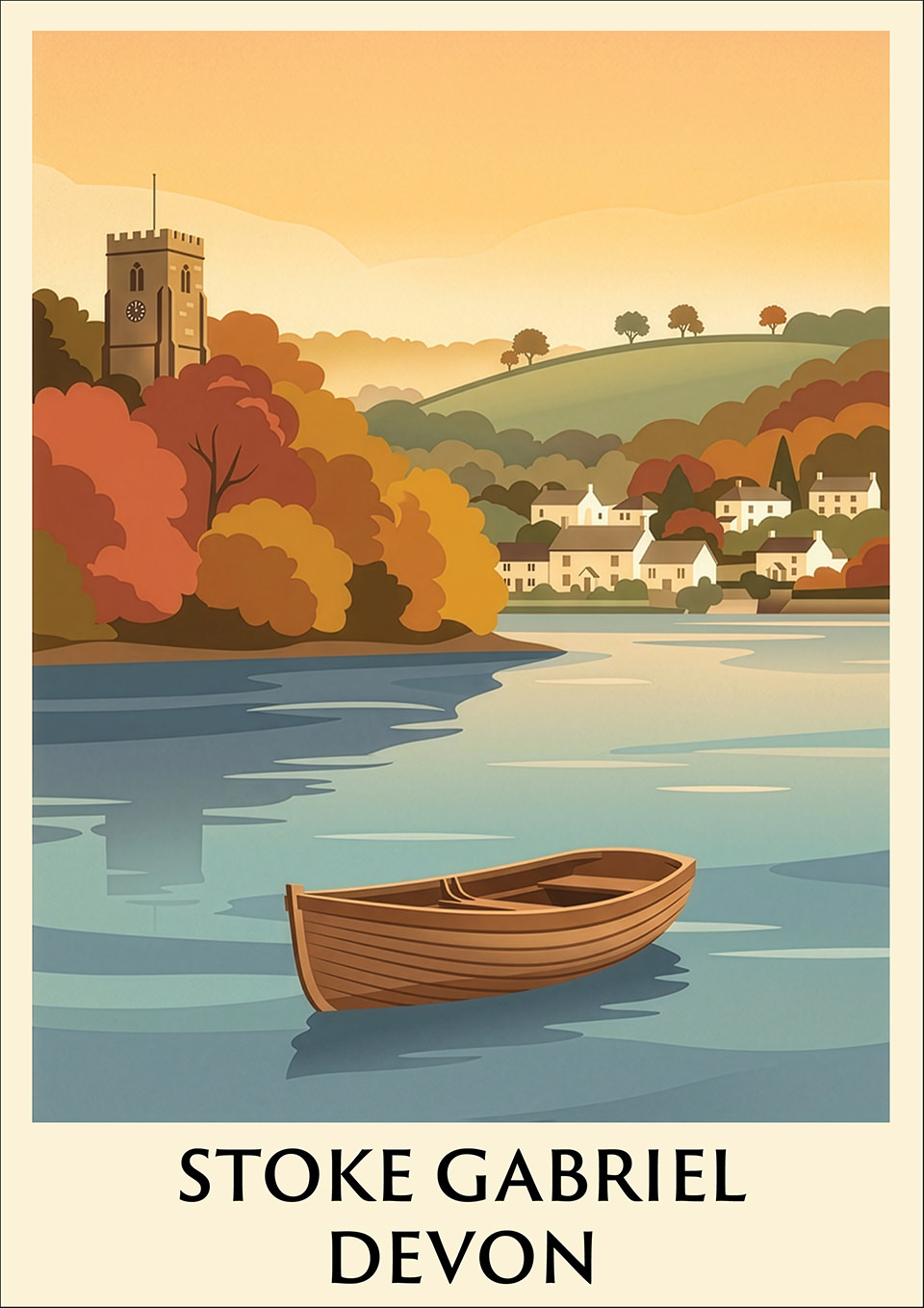 Stoke Gabriel Village View Poster — illustrated village, church tower and a single rowing boat in autumn colour