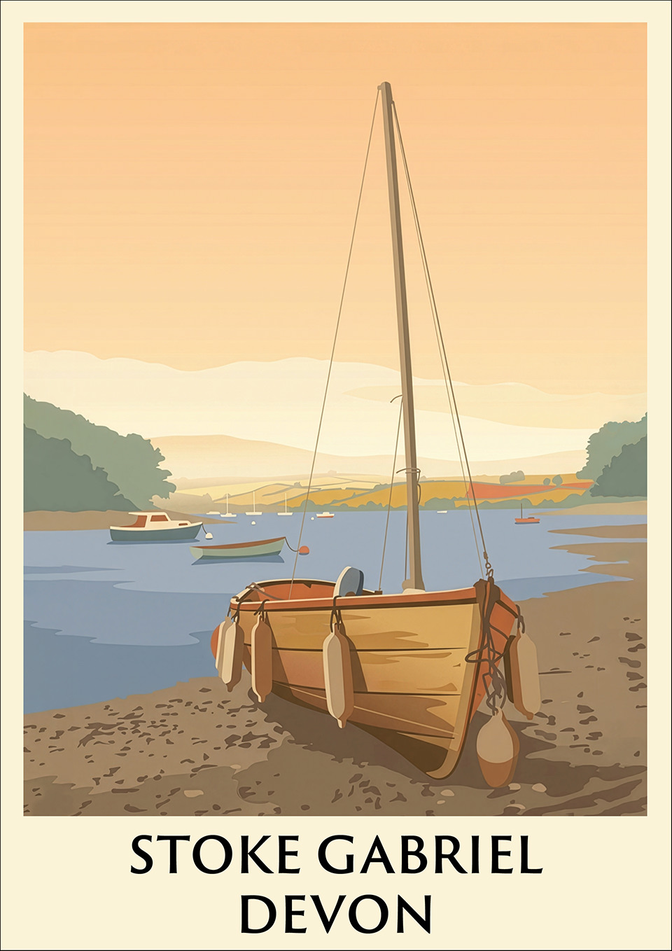 Stoke Gabriel River Boat Poster — illustrated boat beached at low tide on the wide River Dart estuary