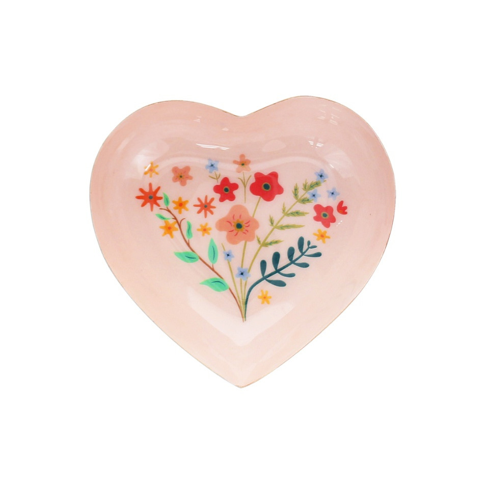 Pink heart-shaped enamel trinket dish with flower design, 10.5cm