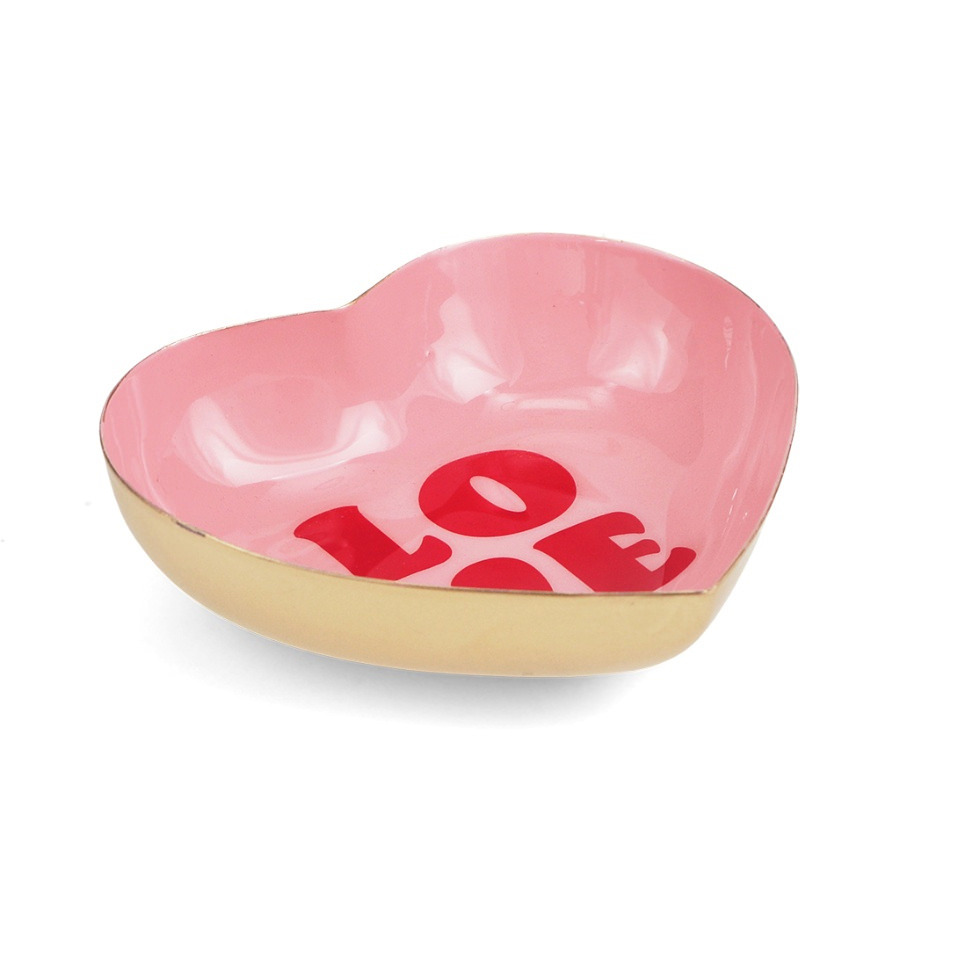 Pink heart-shaped LOVE trinket dish with gold rim, side view