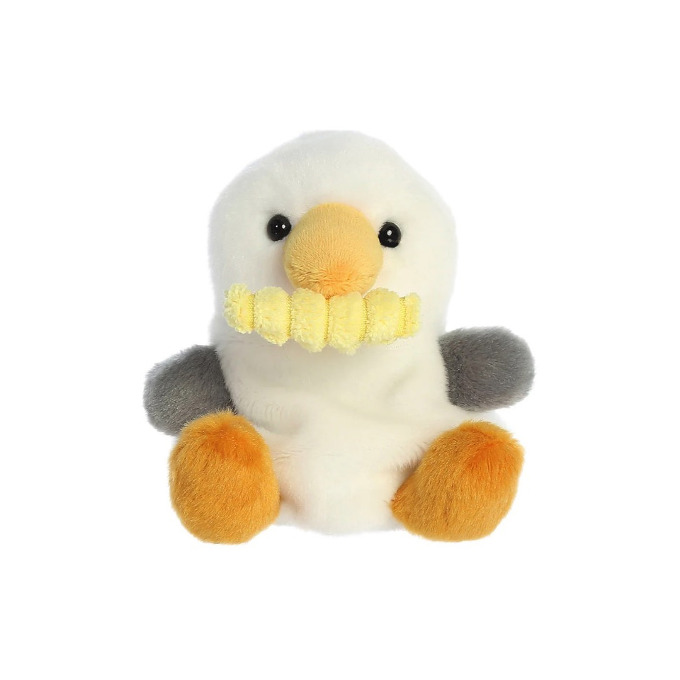 Squeezy seagull soft toy with a chip in its beak