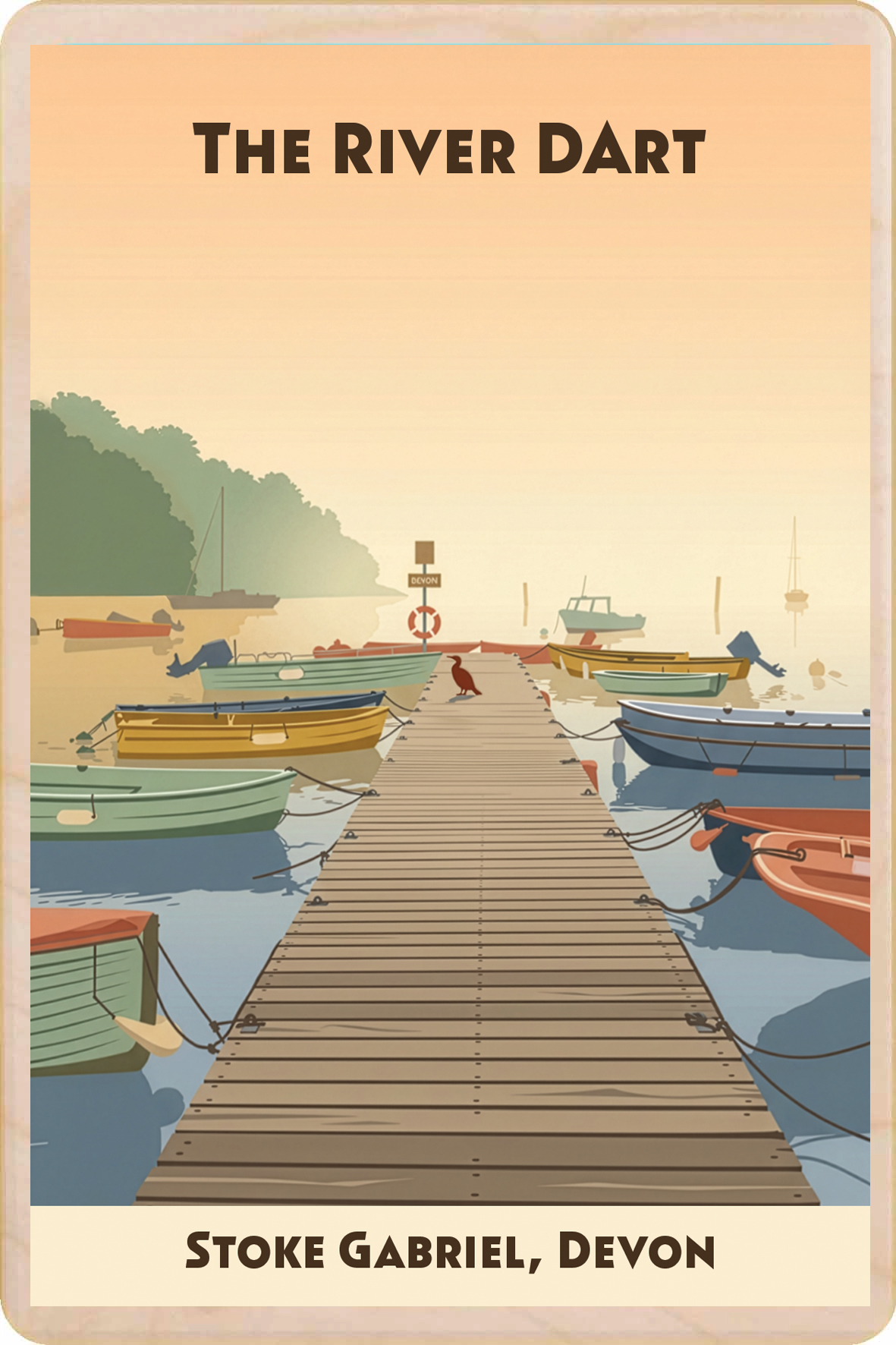 Stoke Gabriel wooden postcard — The River Dart design, illustrated boats moored along a wooden pontoon at sunrise