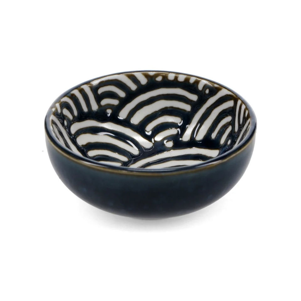 Waves dipping bowl — navy and white wave pattern, 7cm, side view