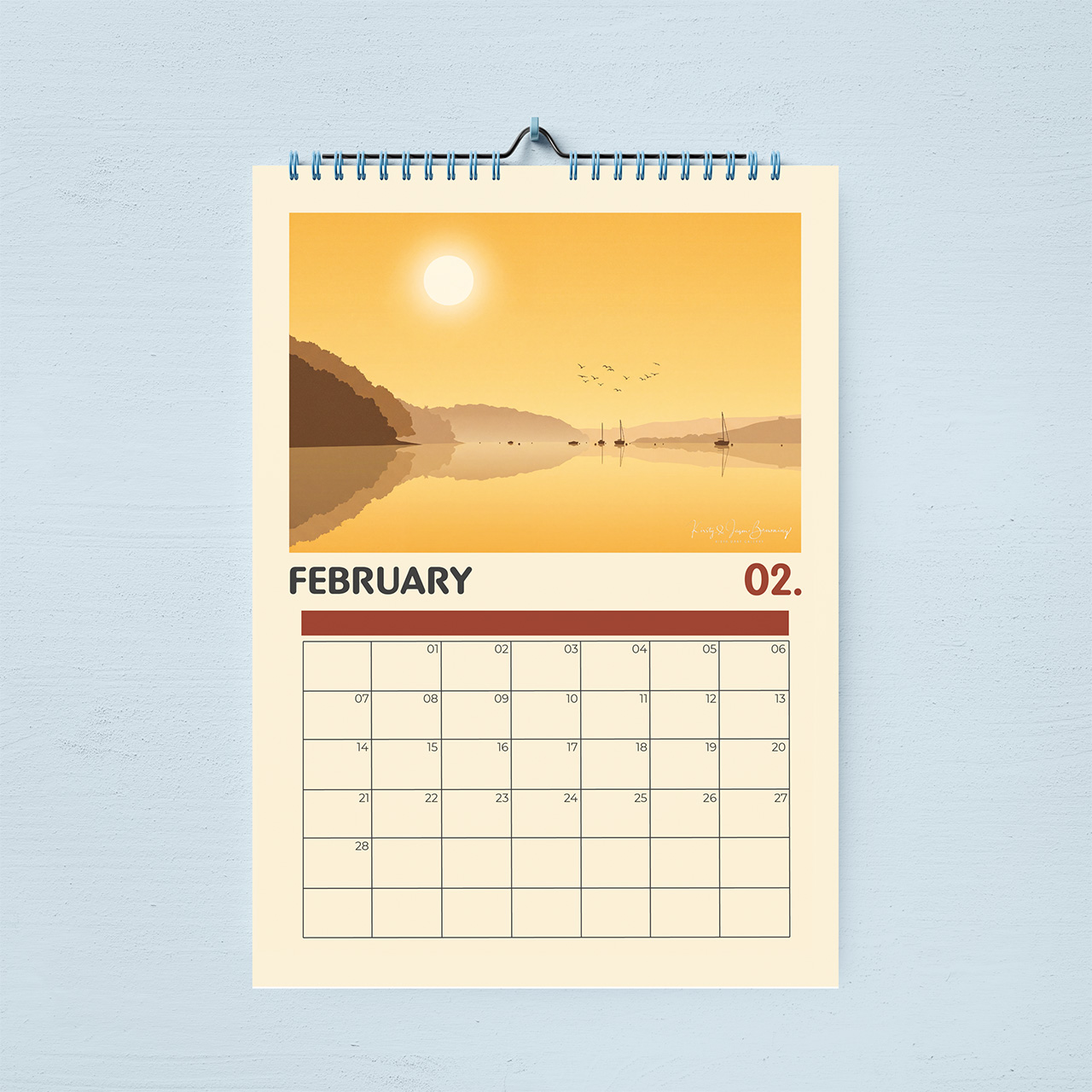 Stoke Gabriel Calendar 2027 February page — illustrated golden sunrise over a misty River Dart with moored yachts