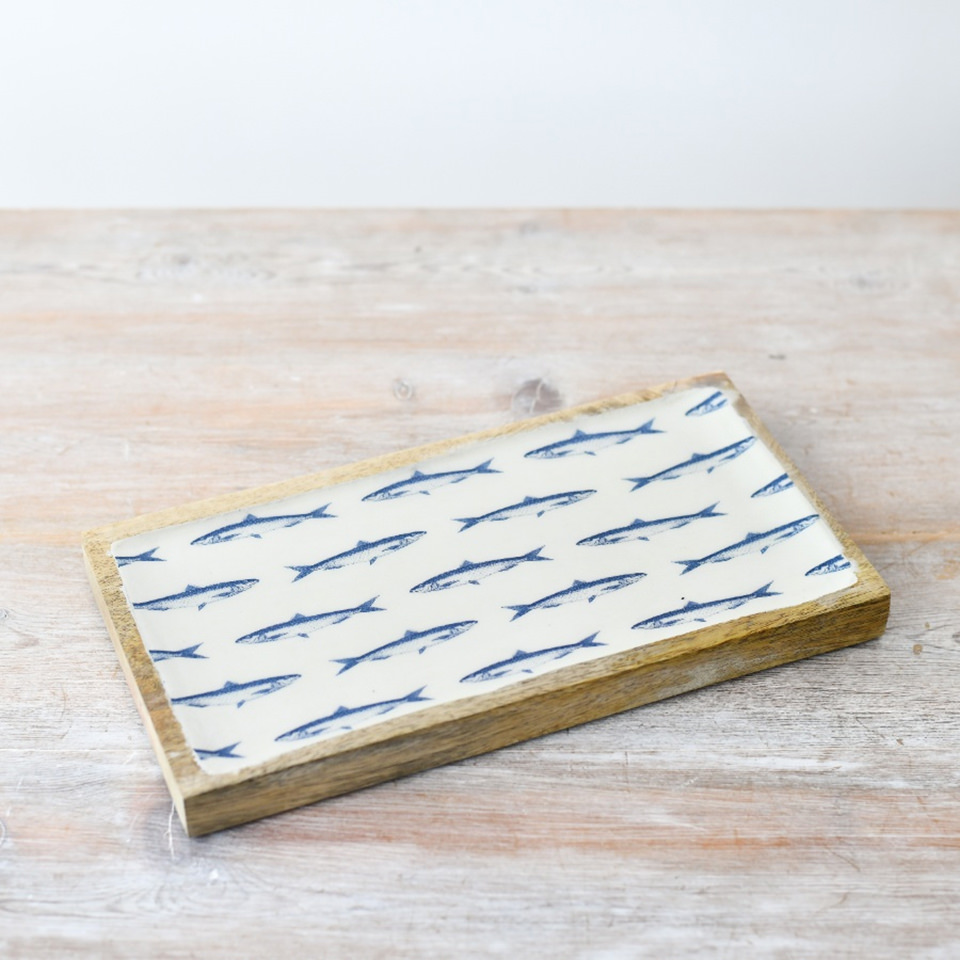Rectangle fish tray — whitewashed mango wood with blue fish design, 40cm