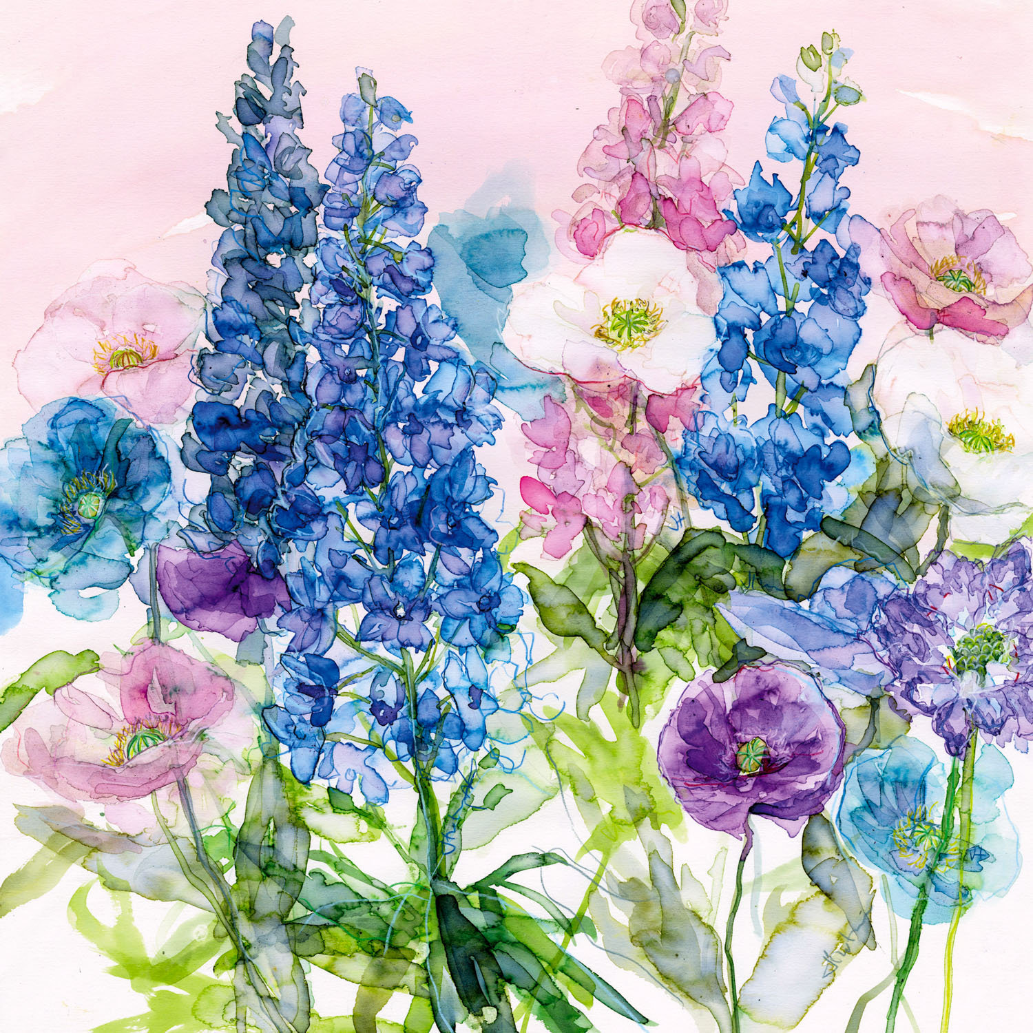 Jessica Trotman watercolour greeting card of bright blue delphiniums with pink and purple poppies