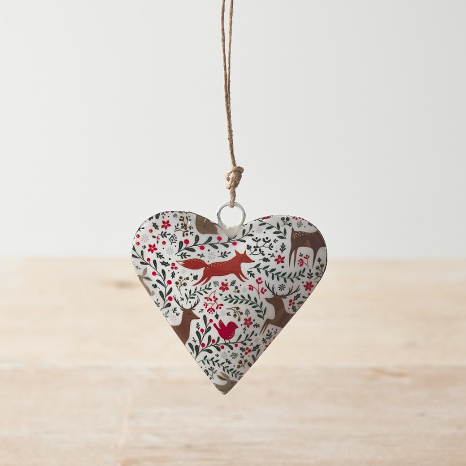 Hanging metal heart with woodland animal design, 8cm