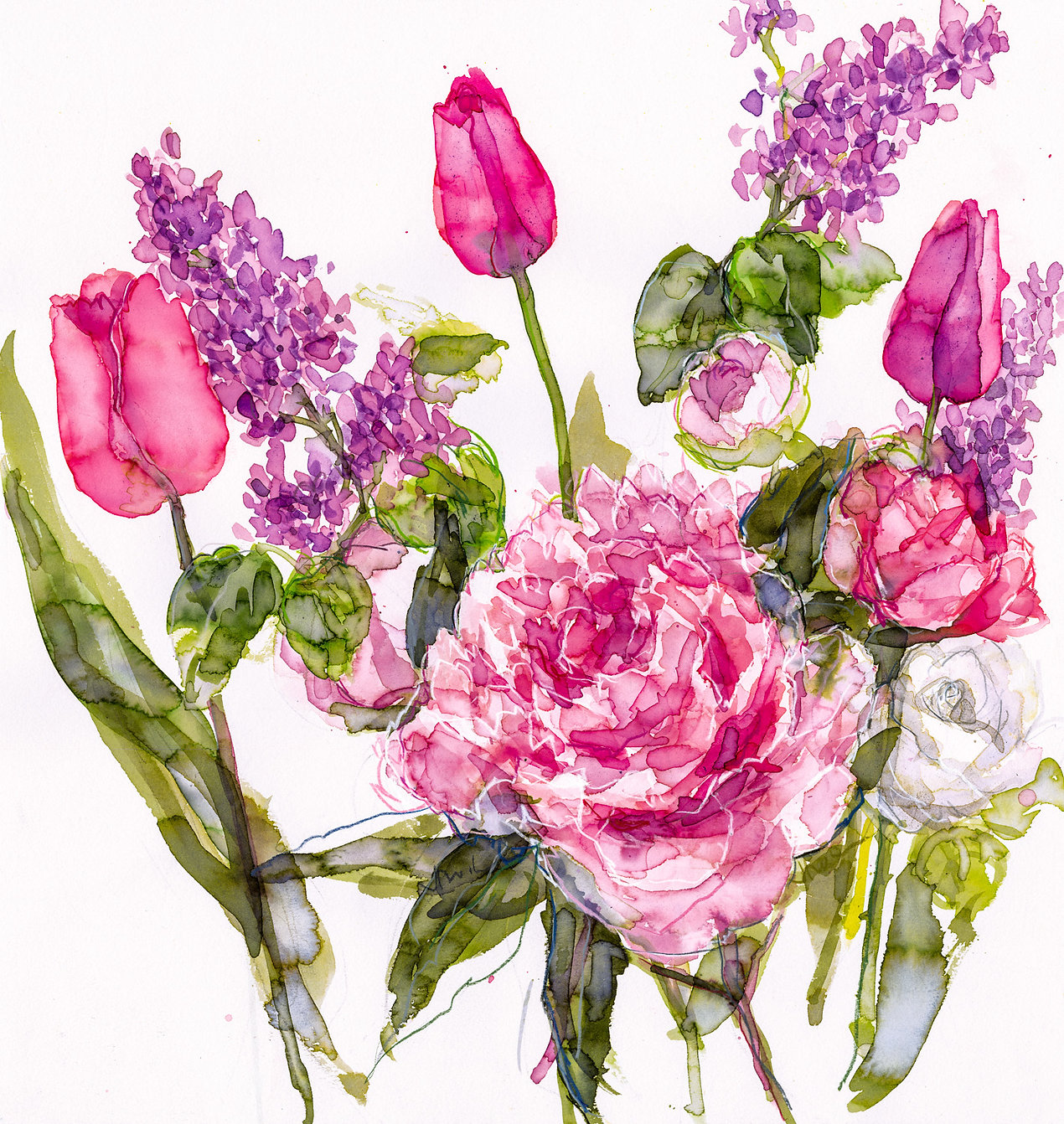 Jessica Trotman watercolour greeting card of pink tulips, lilac and a pink garden rose