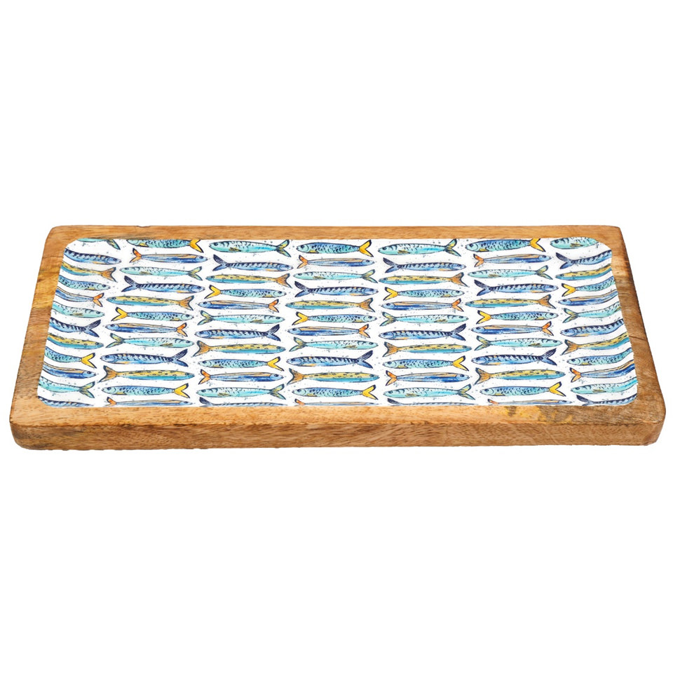Sardine enamel tray — mango wood with colourful sardine design, 45cm